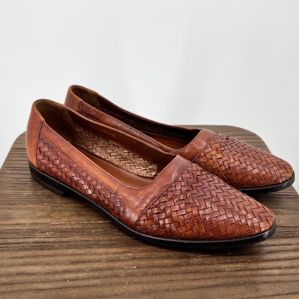 Vintage Woven Leather Loafers Brown Huarache Flats Vibram Sole 7M Coastal